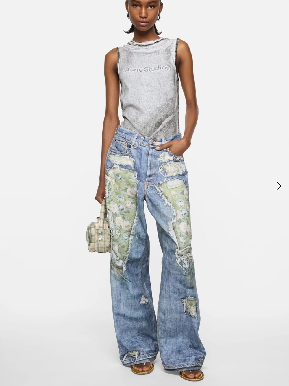 Acne Blue Wide-Leg Distressed Jeans with Green Floral Panels